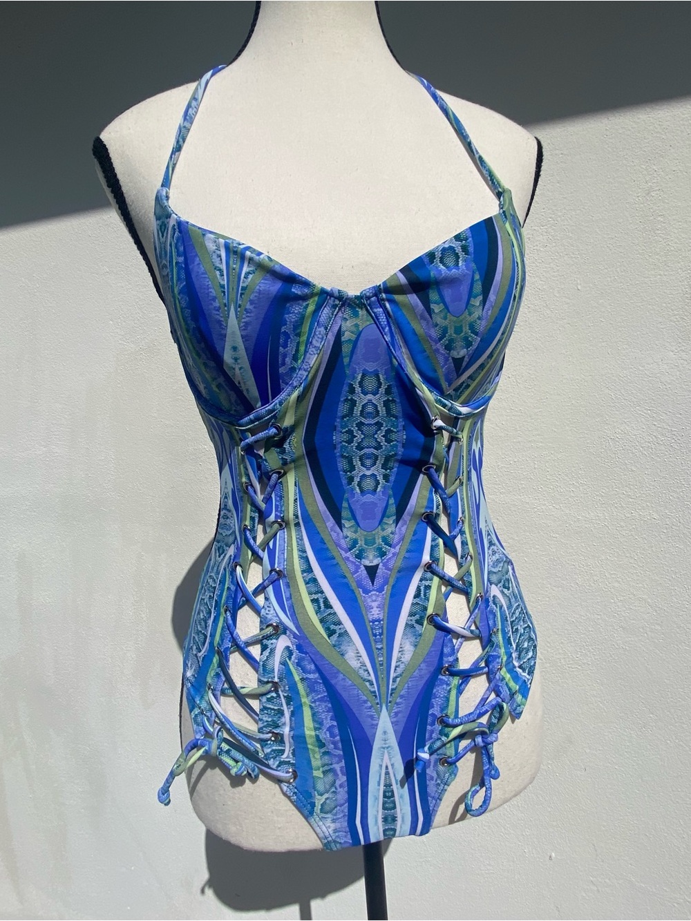 Ree Bees Blue Snake Print Lace zip One Piece Swimsuit Size Small